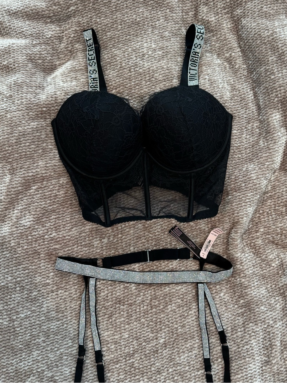 NWT Victorias Secret Black Lace & Rhinestone Push Up Bustier & Garter Belt
